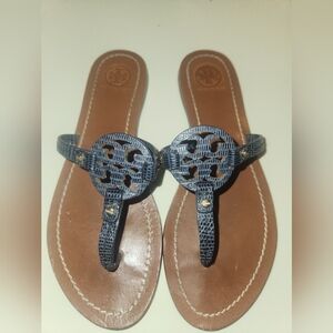 Tory Burch Mini Miller Black Navy Blue Embossed Leather Thong Sandal
